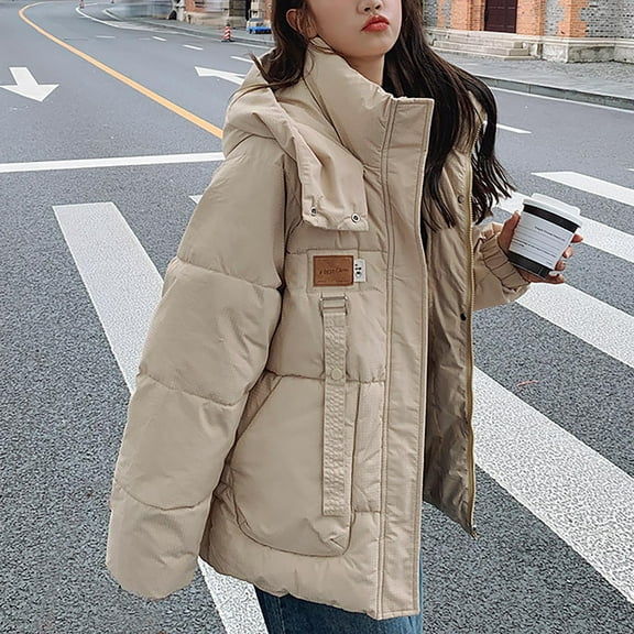 UPPADA Womens Winter Quilted Jackets Trendy Long Sleeve Full Zip Puffer Jacket Coats with Pockets Abrigo Mujer Khaki,M