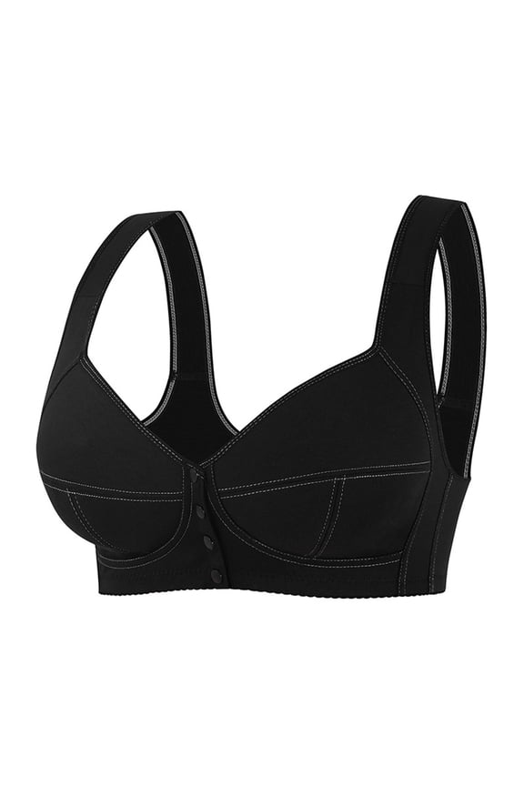Womens Wireless Front Button Bra Full Coverage Everyday Bras Underwear No Rims Padded Wide Band Bras No Underwire Push Up Bra Black,XXL