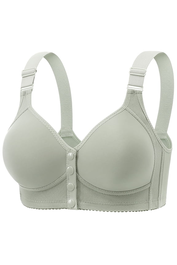 Womens Wireless Full Coverage Bras Button Front Closure Wireless Bra Push Up Wide Band Bras Ladies No Underwire Padded Bras Green,XXL