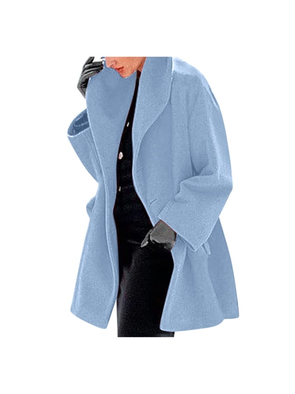 Womens Wool Blend Hooded Pea Coat Trendy Oversized One Button Trench Jackets Casual Warm Winter Overcoat Blue,S