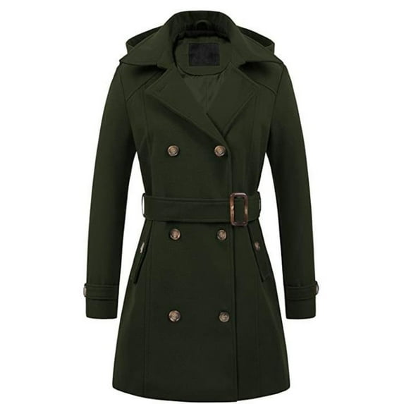 UPPADA Womens Wool Blend Pea Coat Dressy Notch Lapel Double Breasted Trench Coat Slim Solid Casual Overcoat Long Dress Jacket with Belt Army Green,XXL
