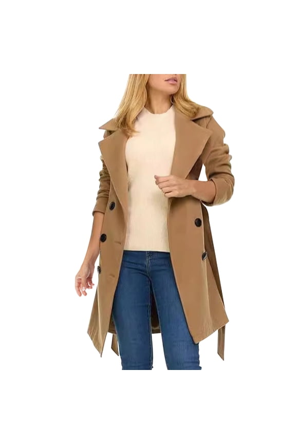 Womens Wool Pea Coats Winter Wool Blend Trench Pea Coat Elegant Notched Collar Solid Color Mid-Length Double Breasted Slim Fit Overcoat Brown,M