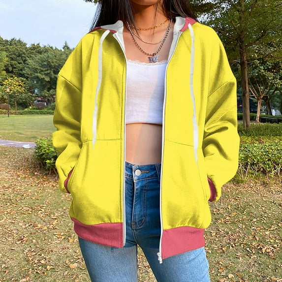 UPPADA Womens Zip Up Hoodie Plus Size Long Sleeve Color Block Hoodies Casual Loose Fit Hooded Sweatshirts Drawstring Pullover with Pocket Womens Full Zip Up Hoodie Fall Jacket Oversized Yellow,S