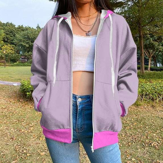UPPADA Womens Zip Up Hoodie Plus Size Long Sleeve Color Block Hoodies Casual Loose Fit Hooded Sweatshirts Drawstring Pullover with Pocket Womens Zipper Hoodie Pink,M