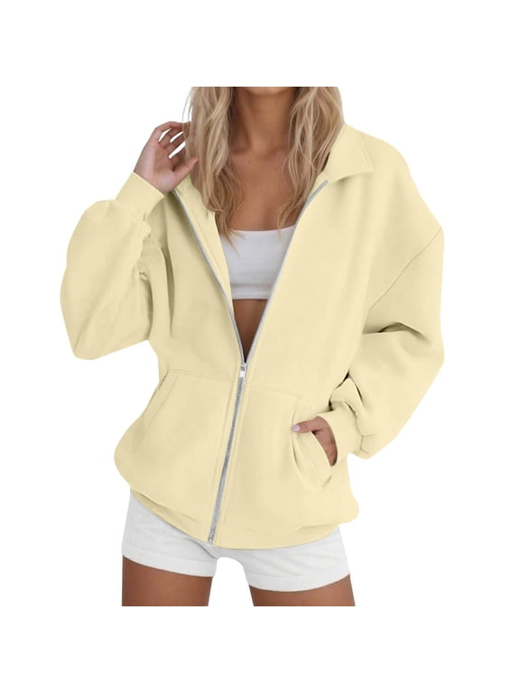 Womens Zip up Hoodies Oversized Sweatshirt Long Sleeve Fleece Jackets Coat Workout Y2k Outfits Fall Winter Trendy Outfits Fall Beige,S