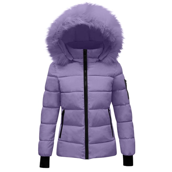 UPPADA Womens Zip up Puffer Jackets with Faux Fur Hood Long Sleeve Winter Warm Bubble Coat Windproof Pocketed Outerwear Purple,S