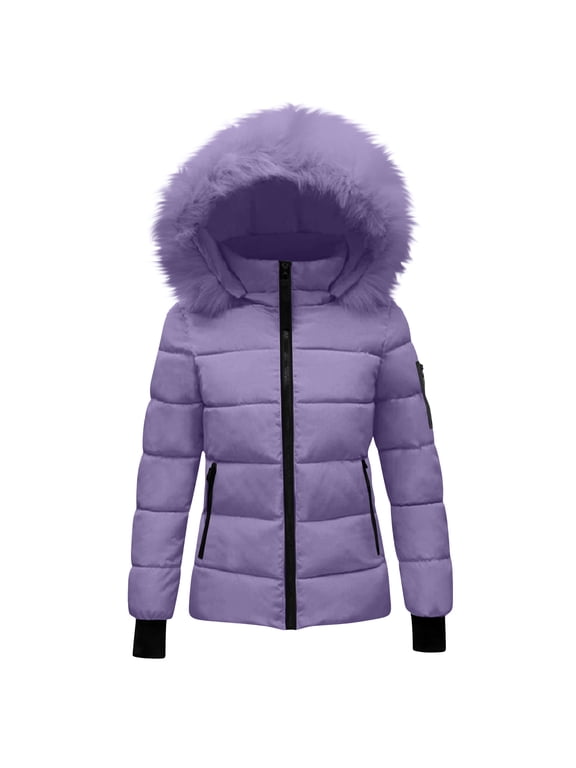 Womens Zip up Puffer Jackets with Faux Fur Hood Long Sleeve Winter Warm Bubble Coat Windproof Pocketed Outerwear Purple,S