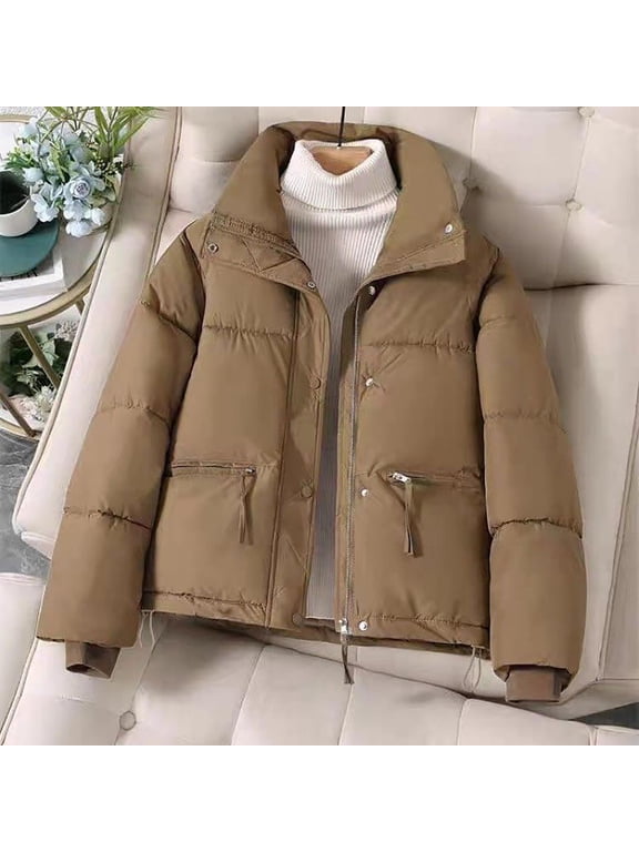 Womens Zip up Short Puffer Jacket Trendy Stand Collar Warm Down Coats Windbreaker Parka Winter Quilt Outerwear with Pockets,XXL