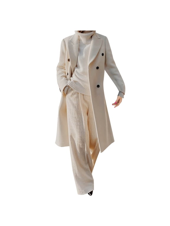 Wool Blend Peacoats for Women Notched Lapel Single Breasted Trench Coat Long Sleeves Winter Overcoat Jackets White,L
