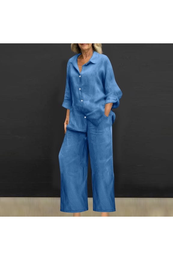 Workout Clothes Set,Linen Shirt and Pants Set for Women 2 Piece Sets Fall Clothes Loose Long Sleeve Shirts Wide Leg Pant Matching Set Plus Size Vacation Outfits with Pocekts Blue,L