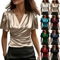 thumbnail image 1 of UPPADA Wrap V Neck Satin Blouse for Women Casual Puff Short Sleeve Summer Ruched Bust Shirts Lightweight Dressy Business Top Black,S, 1 of 8
