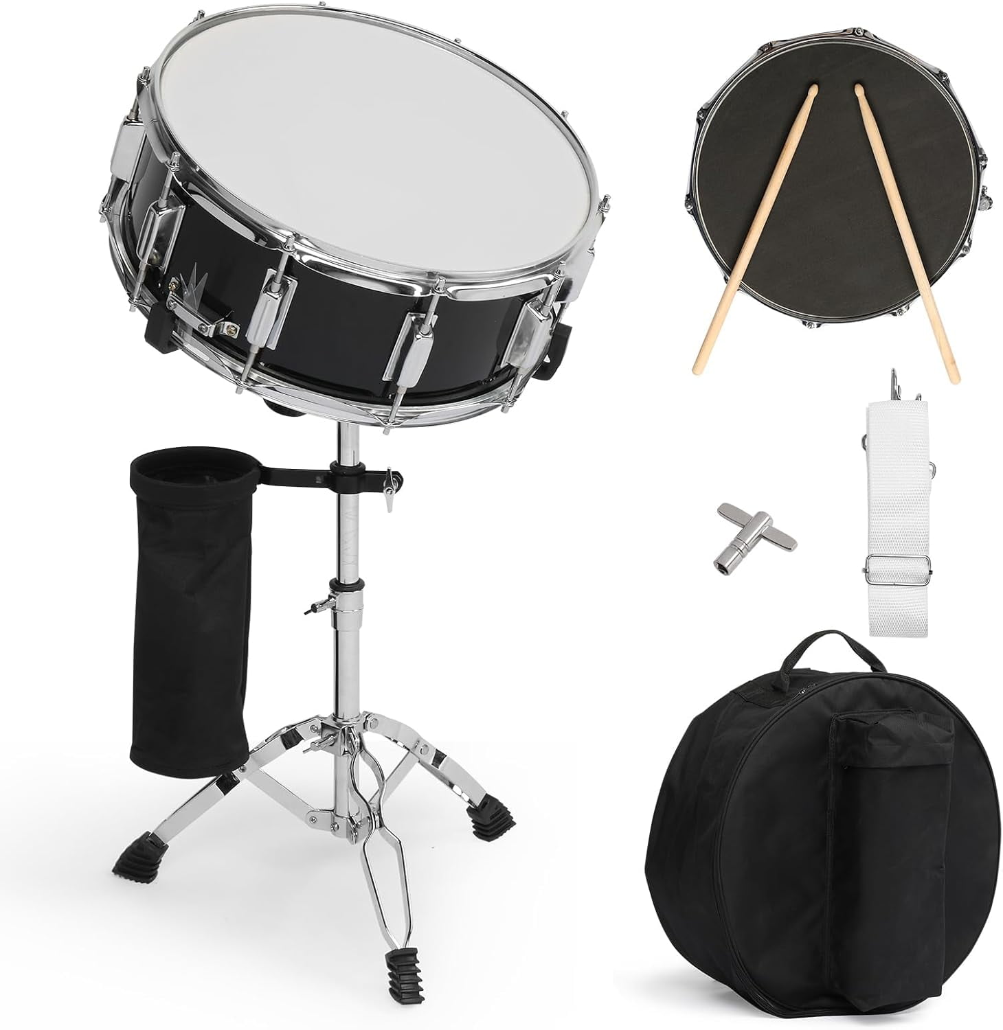 UPPYL 14 x 5.5 inches Snare Drum Set, Marching Snare Drum Kit for Students Beginners, Comes with Stand Sticks, Key, Bag, Mute Pad and Adjustable Straps (Black)
