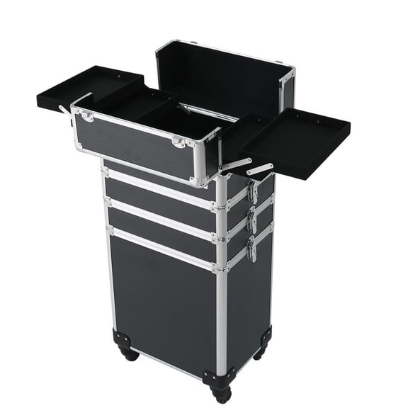 UPPYL 4 in 1 Professional Rolling Makeup Case Large Cosmetic Train Case Makeup Organizer Case, Makeup Travel Case Travel Makeup Organizer, with Removeable Wheels - Black
