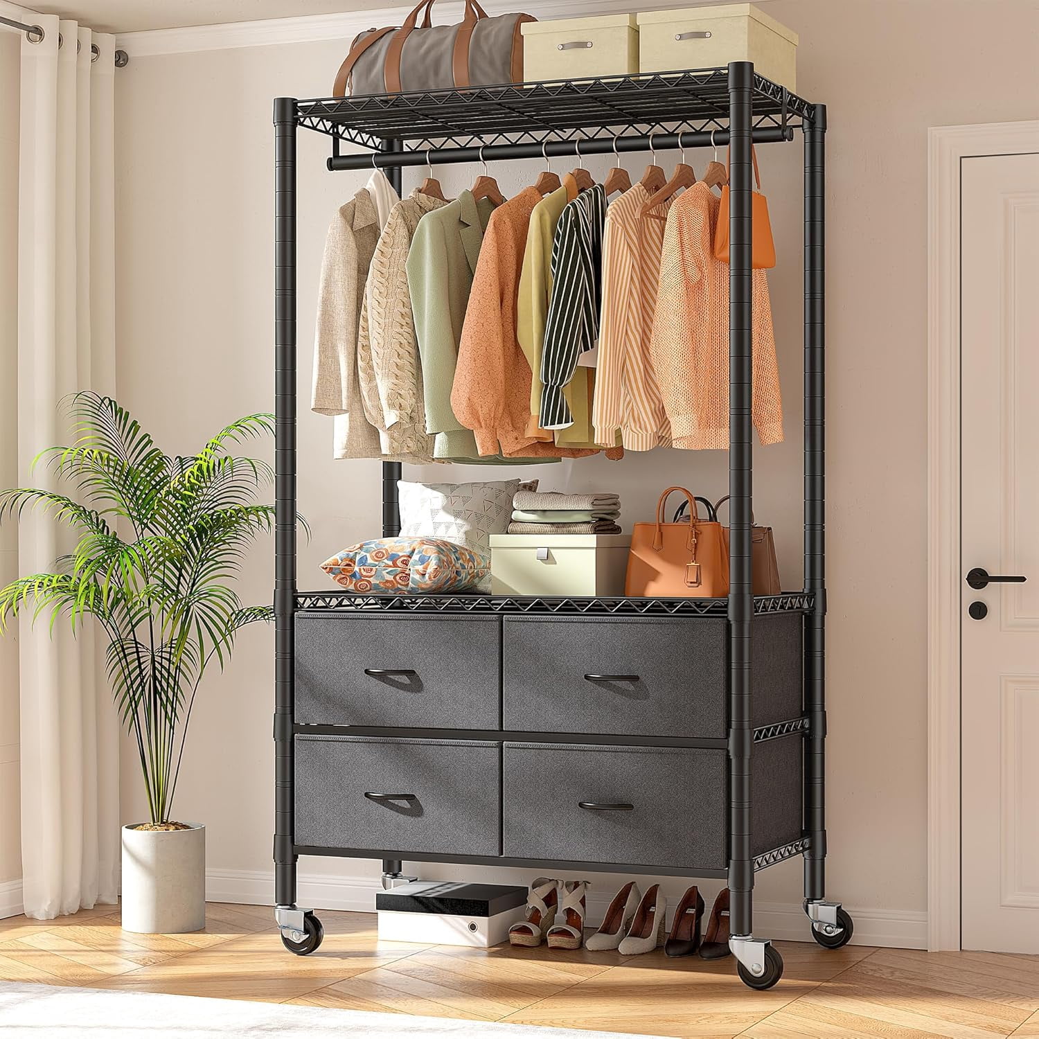 UPPYL Clothes Rack Heavy Duty Clothing Rack with Wheels Wardrobe Closet ...