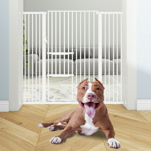 UPPYL Extra Tall Metal Dog Gate with Cat Door,  Wide Auto Close Pet Gate Indoor for Stairs, Doorways, House, No Drilling Pressure Mount, Sturdy, White,29.5-48" Wide, 55.1" Tall