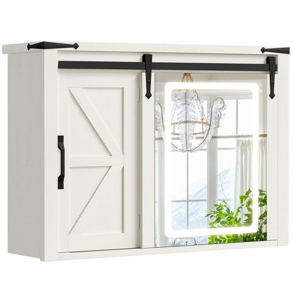 UPPYL Farmhouse Medicine Cabinet Mirror with Lights, Bathroom Wall Cabinet w/Rustic Sliding Barn Door, Bathroom Storage Cabinet Organizer with Adjustable Shelf, Memory 3-Color Mode LED, 32" White