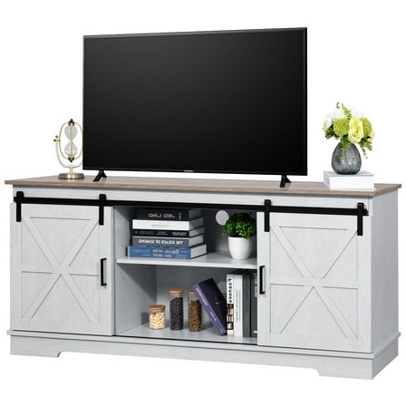 UPPYL Farmhouse TV Stand for 65 Inch Television Stand, Entertainment Center with Storage Cabinets and Sliding Barn Doors, Rustic Media TV Console Table for Living Room,Light Gray