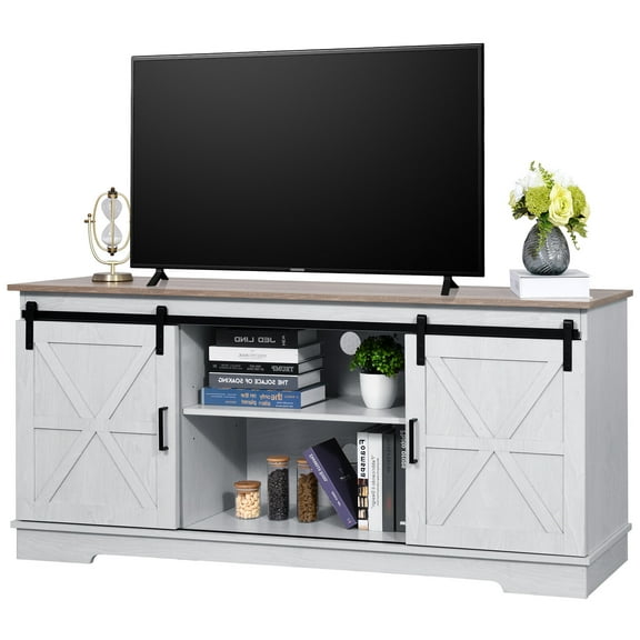 UPPYL Farmhouse TV Stand for 65 Inch Television Stand, Entertainment Center with Storage Cabinets and Sliding Barn Doors, Rustic Media TV Console Table for Living Room,Light Gray