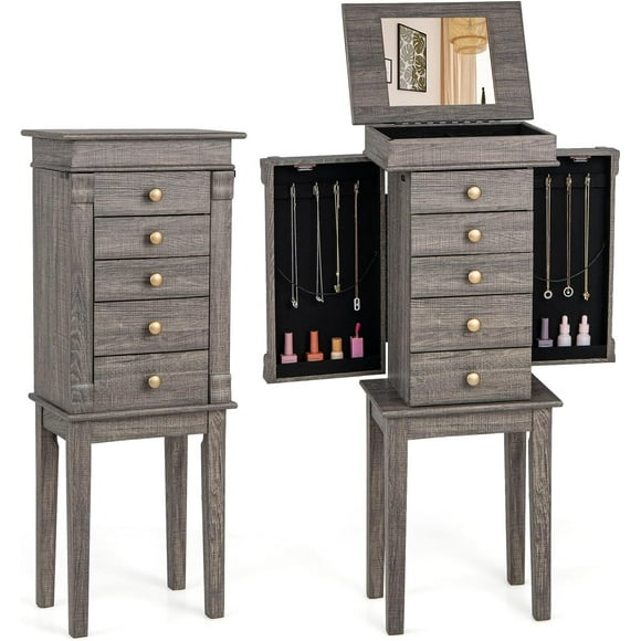 UPPYL Jewelry Cabinet Armoire with 5 Drawers, 2 Side Doors with 8 Necklace Hooks, Top Flip Mirror, 4-Compartments Organizer, Standing Wood Jewelry Storage Chest, Antique, Washed Gray