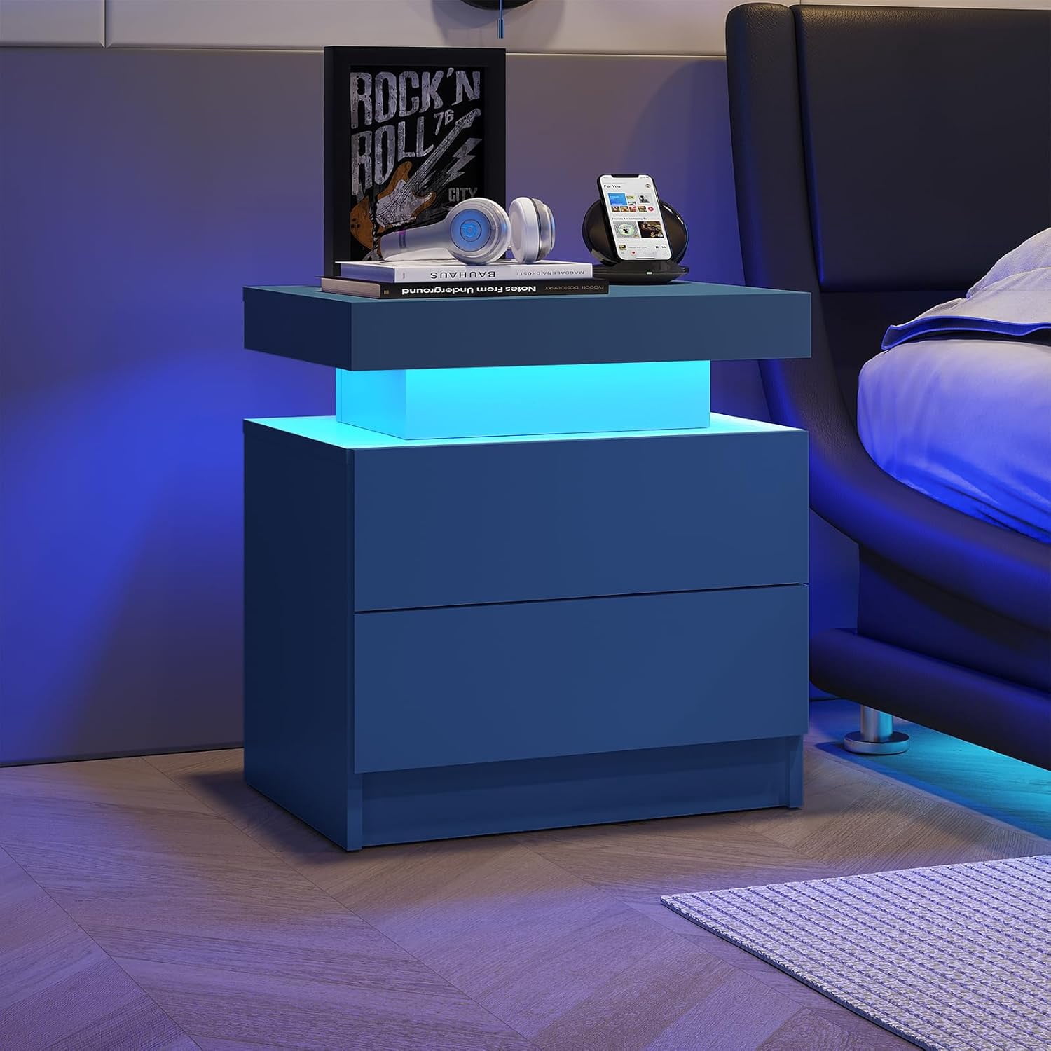 UPPYL LED End Table, Modern Bedside Table with Storage and 3 LED Lights ...