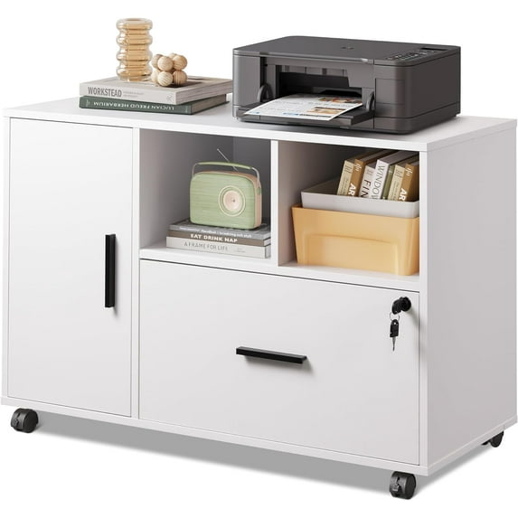 UPPYL Office File Cabinet with Lock, 1-Drawer Wood Lateral Filing Cabinet on Wheels, Printer Stand with Open Storage Shelves for Home Office, White