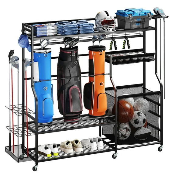 UPPYL Sports Equipment Organizer, 3 Golf Bags Storage Stand with Wheels, Sport Gear Accessories Rack and Ball Organizer Bin for Garage
