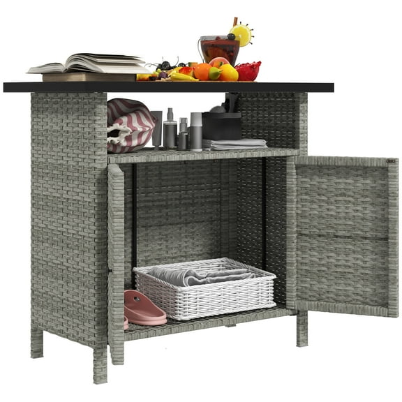 UPPYL Wicker Outdoor Storage Cabinet, Rattan Outdoor Bar Table with 2 Doors and Shelf, Outdoor Buffet Cabinet Sideboard with Metal Slatted Countertop for Poolside, Patio, Backyard,Gray