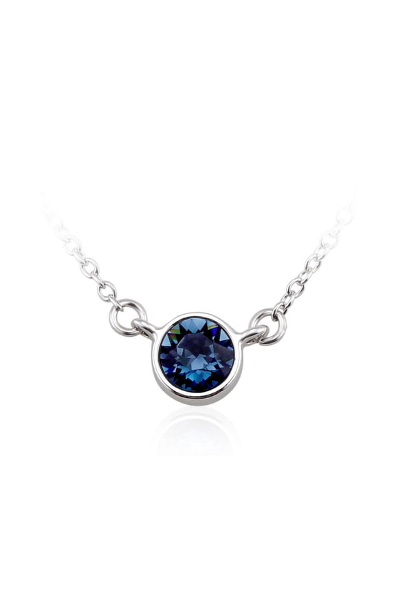 Navy Blue Solitaire Necklace - Rhodium Plated - Single Stone Bezel Necklace for Women