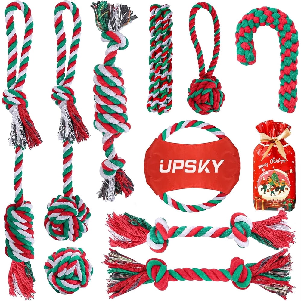 UPSKY 10Pack Christmas Dog Rope Toys Sturdy Interactive Puppy Chew Toys for Dogs Teething Training