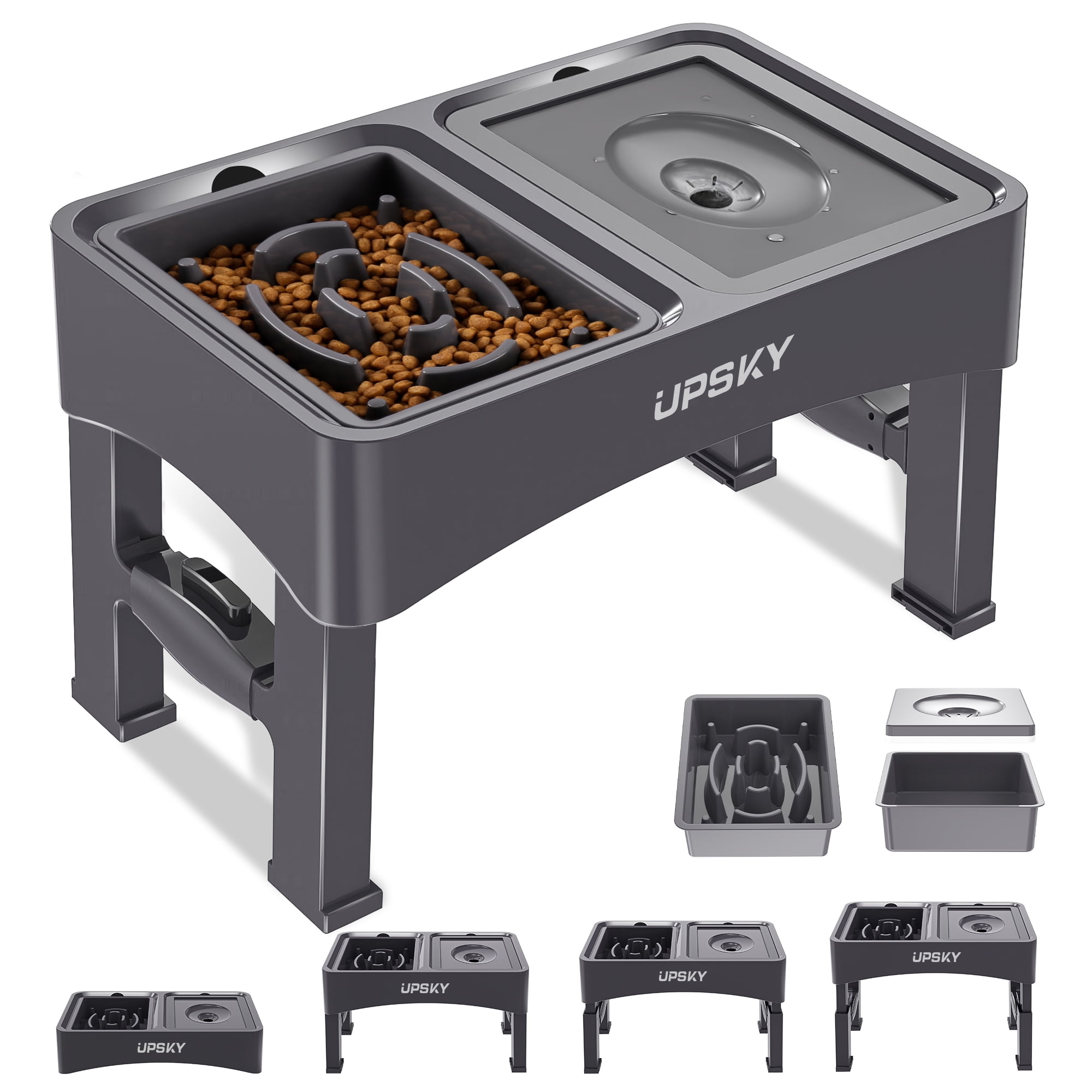 Adjustable Gray Plastic Elevated Dog Bowls with Slow Feeder