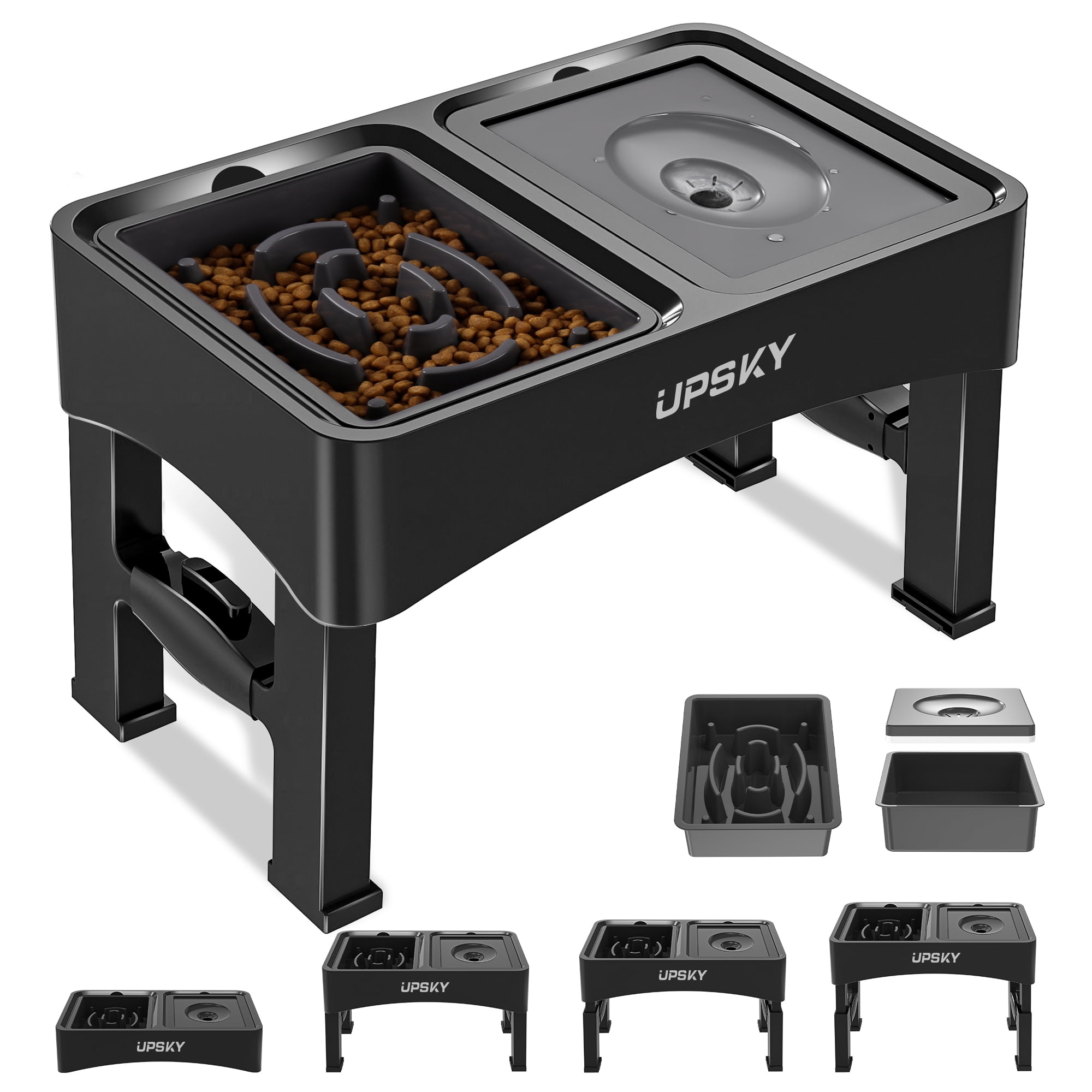 UPSKY Black Adjustable Elevated Dog Bowls with Slow Feeder