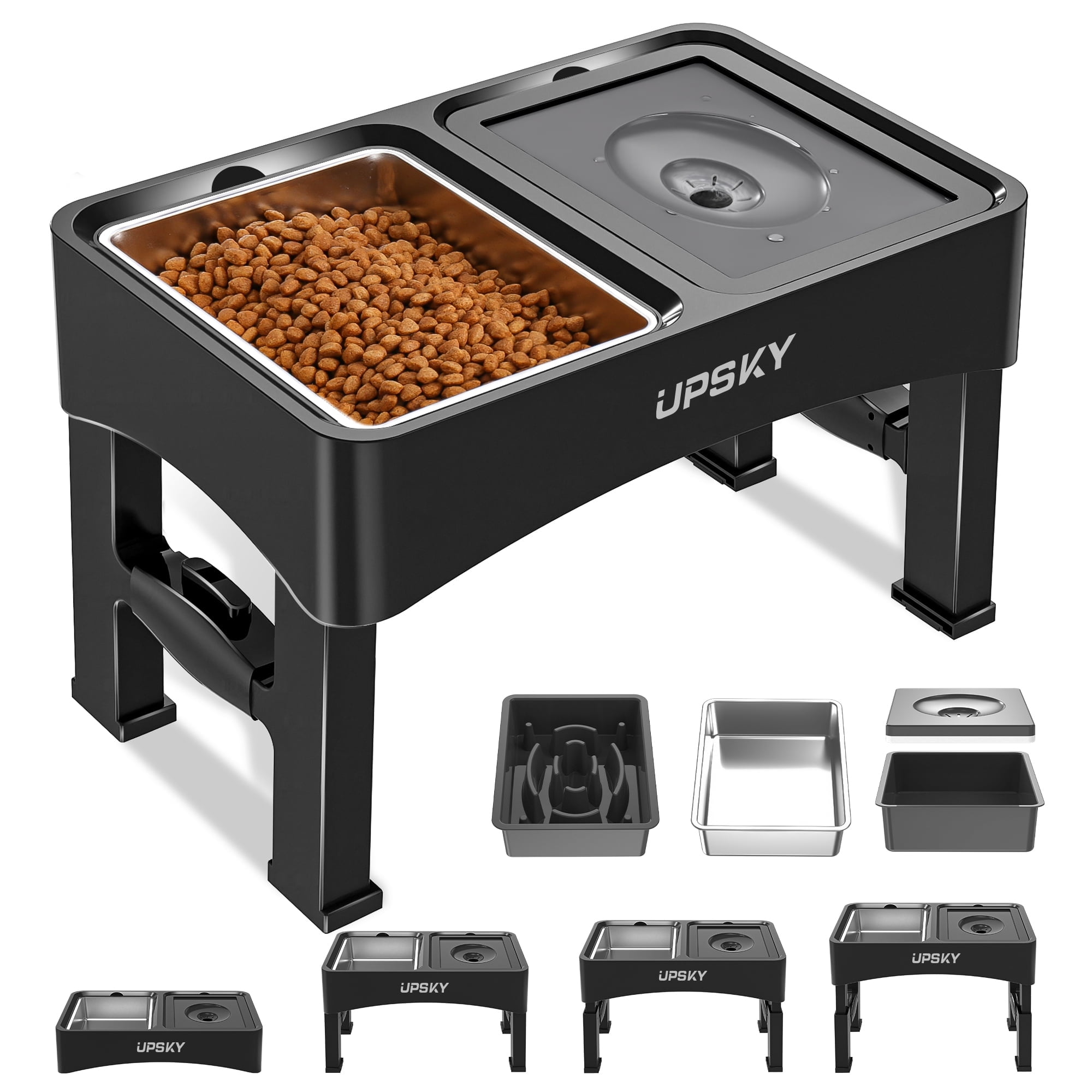 UPSKY 3-in-1 Elevated Dog Bowls Slow Feeder, 4 Height Adjustable Raised Dog Bowl Stand No Spill Dog Water Bowl Dispenser, Stainless Steel Dog Food Bowl and Water Bowl for Small Medium Dogs