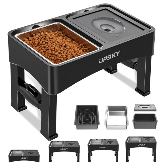 UPSKY 3-in-1 Elevated Dog Bowls Slow Feeder, 4 Height Adjustable Raised Dog Bowl Stand No Spill Dog Water Bowl Dispenser, Stainless Steel Dog Food Bowl and Water Bowl for Small Medium Dogs