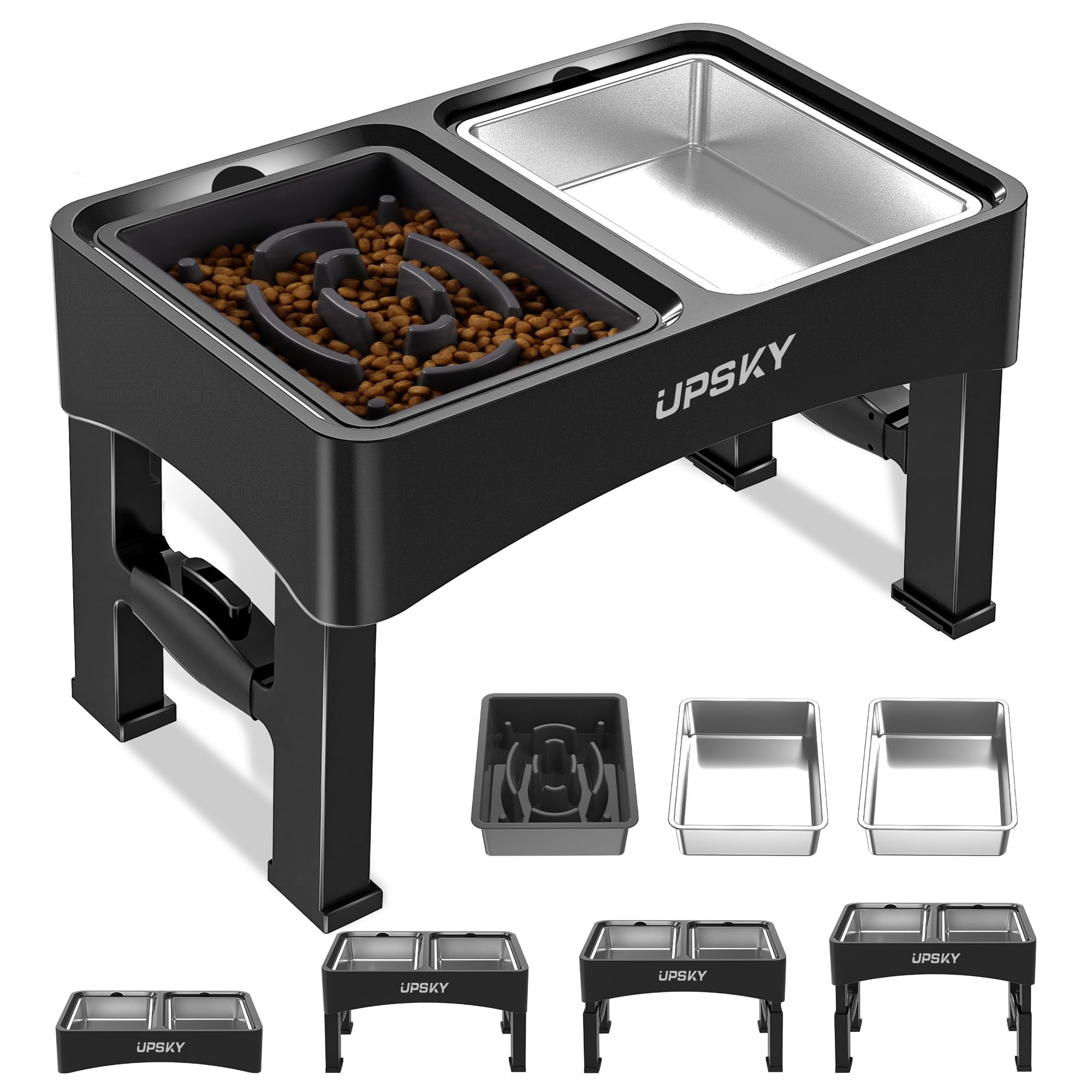 UPSKY Black Adjustable Elevated Dog Bowls with Slow Feeder