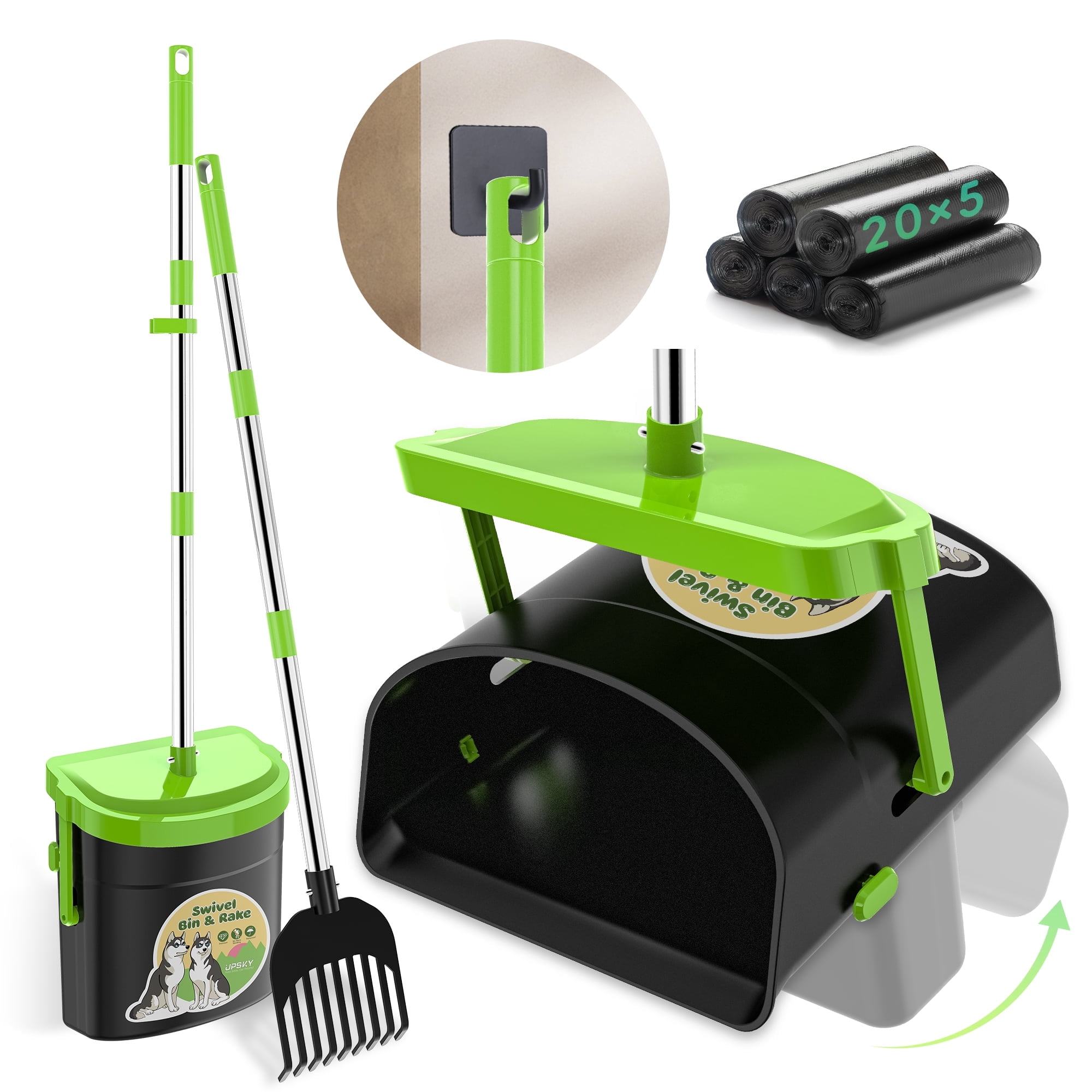 Portable Trash Rake UPSKY Pooper Scooper Swivel Bin & Rake, Stainless Steel Long Handle ...