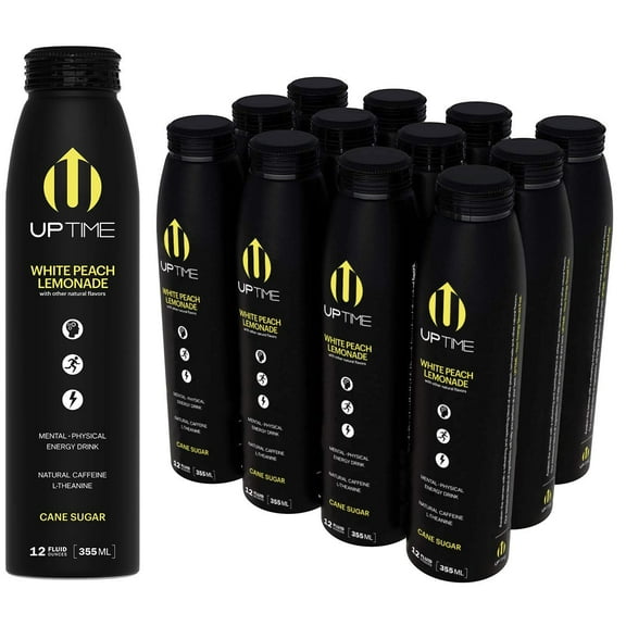 UPTIME Energy Drink White Peach Lemonade Cane Sugar 12 Pack