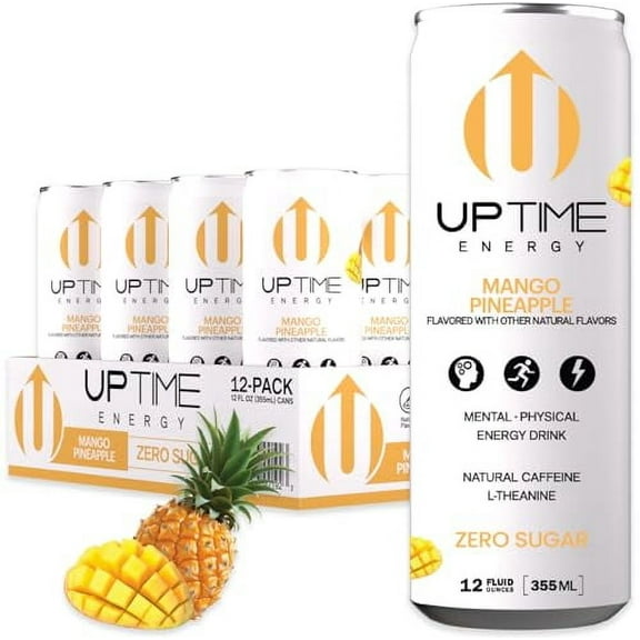 UPTIME Mango Pineapple - Zero Sugar (12 Pack), Premium Energy Drink, 12oz Cans, Natural Caffeine, Sparkling, Natural Flavors, 5 Calories