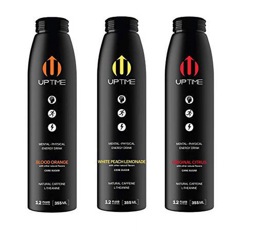 UPTIME Premium Natural Caffeine, Sparkling Energy Drink, Mutli-Flavor Variety, 12oz Bottles with Oasis Snacks Sticker (3 Flavor Variety (Cane Sugar), Pack of 12)