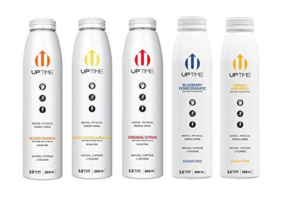 UPTIME ? Premium Natural Caffeine, Sparkling Energy Drink, Mutli-Flavor Variety, 12oz Bottles with Oasis Snacks Sticker (5 Flavor Variety (Sugar Free), Pack of 10)