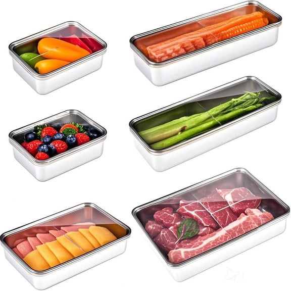 UPTRUST 6 Pack Bacon Cheese Container for Refrigerator, Stainless Steel Meat Container, Dishwasher Safe Storage Containers with Lids for Fridge, 4 Sizes