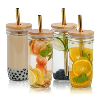Drinking Glasses with Bamboo Lids and Straw-15.89/18.59oz Glass Coffee Cups, Beer,Cocktail,Whiskey Glasses,Iced Coffee Glasses,Cute Tumbler Cup for  Birthday,New house,Christmas Gift 