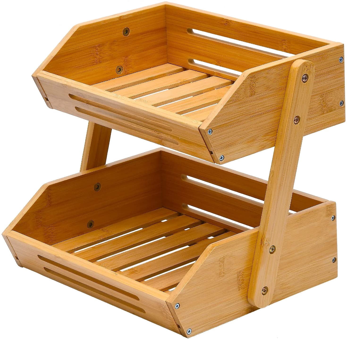 UPTRUST Fruit Basket, 2 Tier Bamboo Fruit Bowl for Kitchen Counter, 11" Tall Produce Storage Stand for Vegetables and Snack, 15 mm Thickness (Self-Assembly)