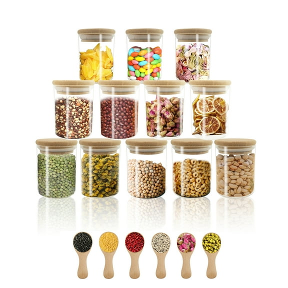UPTRUST Glass Jars 12 Pcs Spice Jars Set with Bamboo Lids, 6 Pcs Small Condiments Wooden Spoons , Airtight Glass Food Cereal Storage Containers for Kitchen (Set of 18, 6oz)