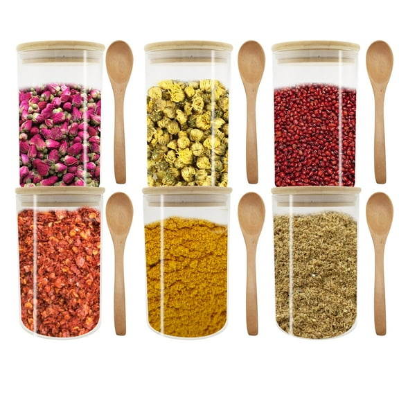 UPTRUST Glass Pantry Storage Containers, Food Jars with Airtight Bamboo Lid 27oz, 800ml Food Jar with 6 Pcs Wooden Spoons, Glass Terrarium with Lid, Spice, Tea, Flour and Sugar Container Set