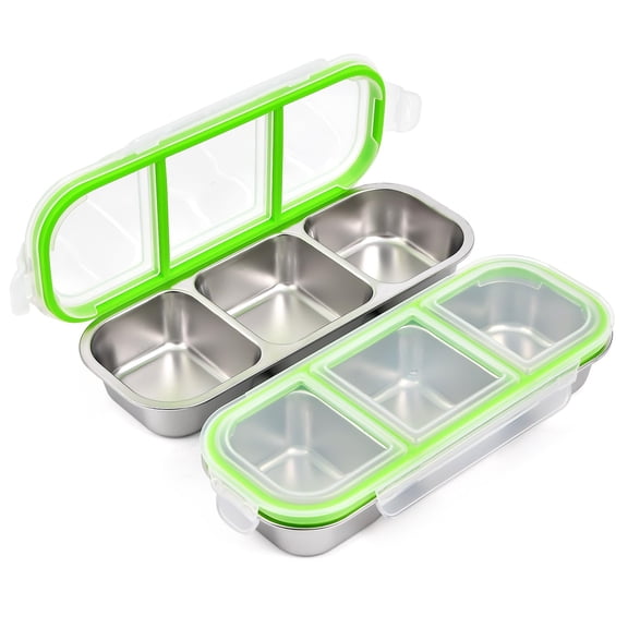 UPTRUST Reusable Snack Containers with Lids, 2pcs Stainless Steel 3-Compartment Snack Box, Divided and Leak-Proof Design for Take-Out Condiments and On-the-Go Snacks