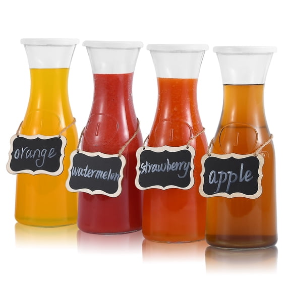 UPTRUST Set of 4 Glass Carafe with Lids , 1 Liter Beverage Pitcher Carafe for Mimosa Bar, Lemonade - 4 Wooden Chalkboard Tags Included