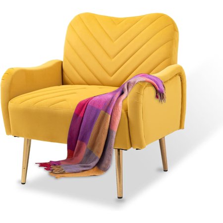 UPYOOE Armchair, Upholstered Living Room Chairs Heart Shape Arm Chair with Modern Gold Legs for Bed Room, Reception Room (Yellow(Mustard), Single Seat)