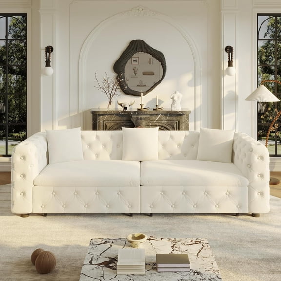 UPYOOE Elegant Velvet Chesterfield Sofa in 89" Sofa Bed King Size with 3 Pillows,Cloud Couches for Apartment, Living Room, Small Spaces,Beige