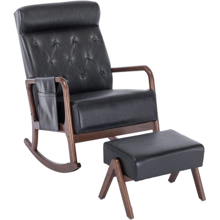UPYOOE Nursery Rocking Chair Mid-Century Modern Chair with Ottoman Leather Arm Chair High Back with Side Pocket Comfy Glider Rocker Chair for Living Room Baby Room Bedroom (Black PU Leather)