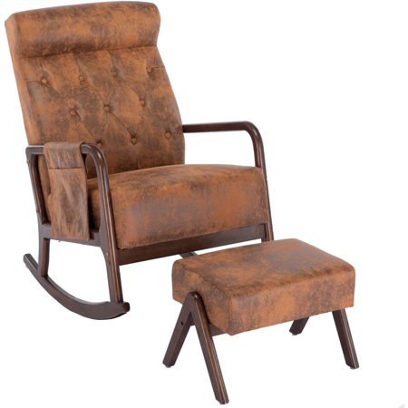 UPYOOE Nursery Rocking Chair Mid-Century Modern Chair with Ottoman Leather Arm Chair High Back with Side Pocket Comfy Glider Rocker Chair for Living Room Baby Room Bedroom (Coffee Technical Fabric)